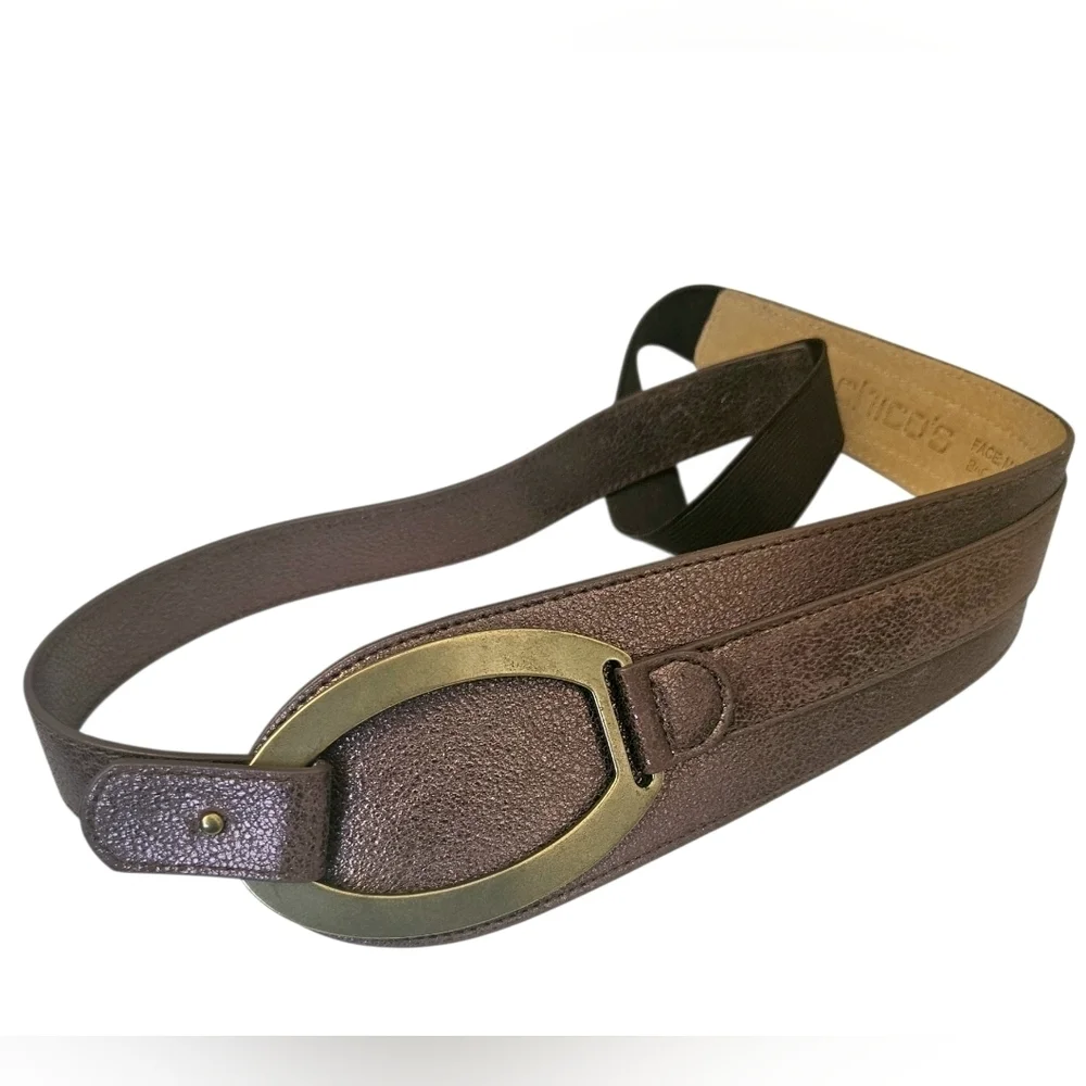 Chico's Metallic Bronze Wide Genuine Leather Stretch Belt Women M